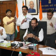 The Union Minister for Minority Affairs, Shri Mukhtar Abbas Naqvi addressing at the launch of the Scholarship Mobile App, in New Delhi on September 13, 2018. The Secretary, Ministry of Minority Affairs, Shri Ameising Luikham is also seen.