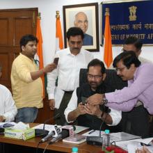 The Union Minister for Minority Affairs, Shri Mukhtar Abbas Naqvi addressing at the launch of the Scholarship Mobile App, in New Delhi on September 13, 2018. The Secretary, Ministry of Minority Affairs, Shri Ameising Luikham is also seen.