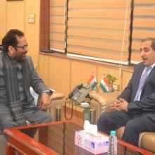 Saudi Arabia Ambassador in India H.E. Dr. Saud Mohammed Al-Sati today met me at Antyodaya Bhawan. Various issues concerned to Haj 2018 were discussed in detail.